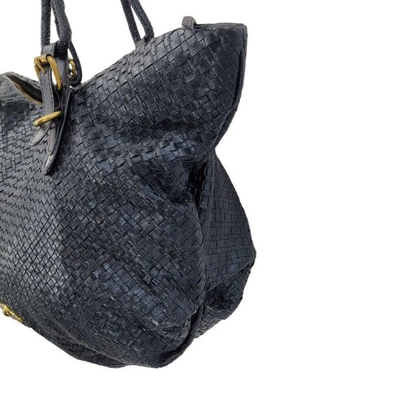 Elliott Lucca Black Basket Woven Leather Shoulder Bag Dual Handles Zip Closer - Picture 8 of 12